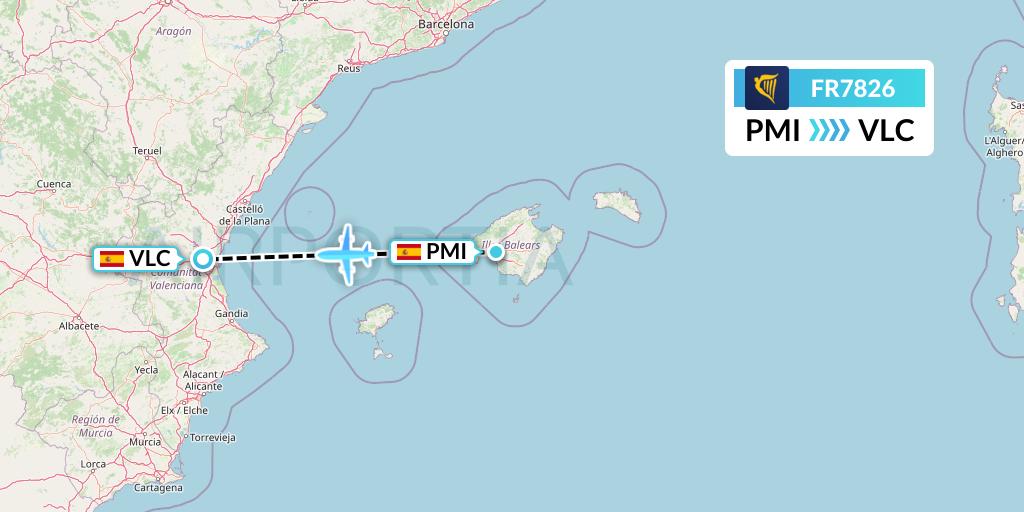 FR7826 Ryanair Flight Map: Palma de Mallorca to Valencia