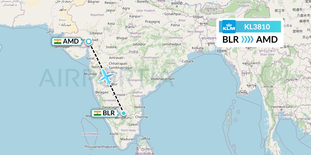 KL3810 KLM Flight Map: Bangalore to Ahmedabad