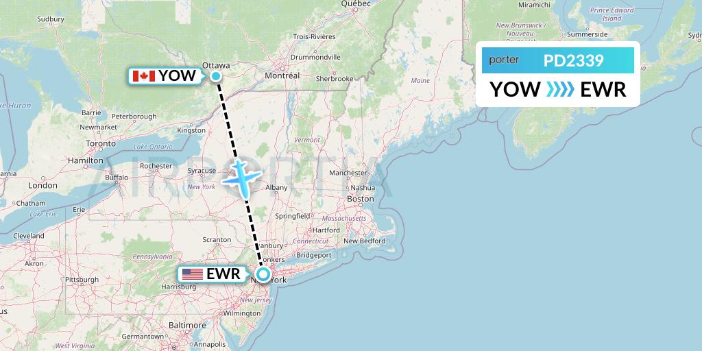 PD2339 Porter Airlines Flight Map: Ottawa to New York