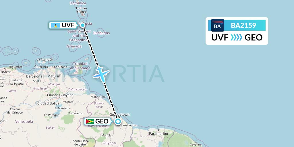 BA2159 British Airways Flight Map: Vieux Fort to Georgetown