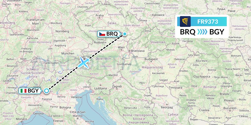 FR9373 Ryanair Flight Map: Brno to Milan