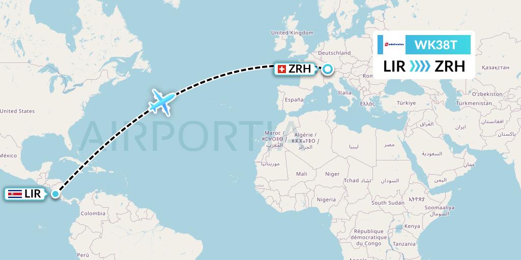 WK38T Edelweiss Air Flight Map: Liberia to Zurich