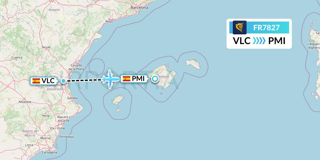 FR7827 Ryanair Flight Map: Valencia to Palma de Mallorca