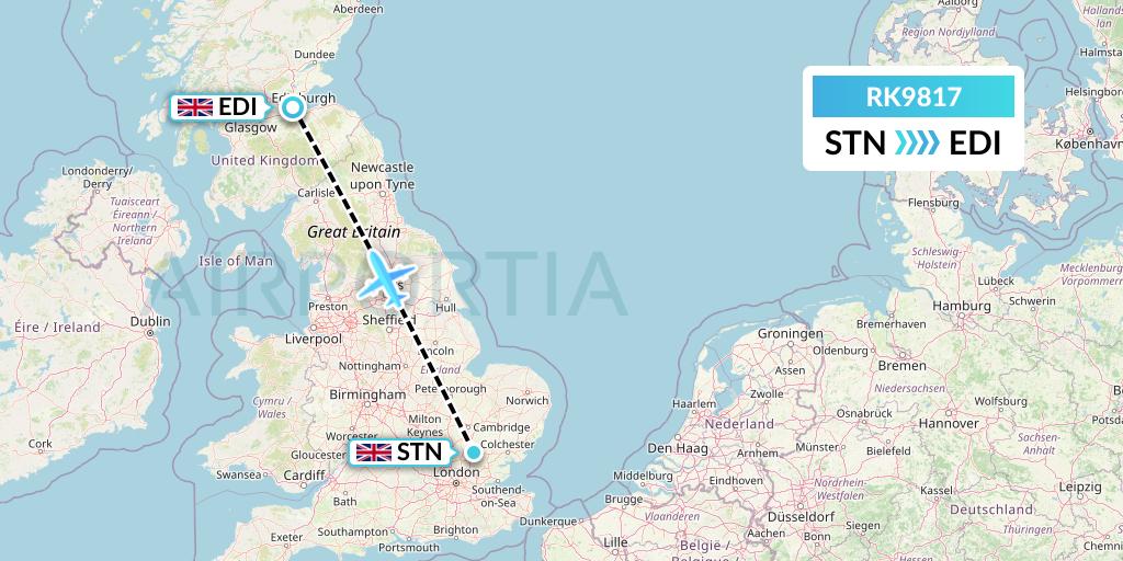 RK9817 Ryanair UK Flight Map: London to Edinburgh