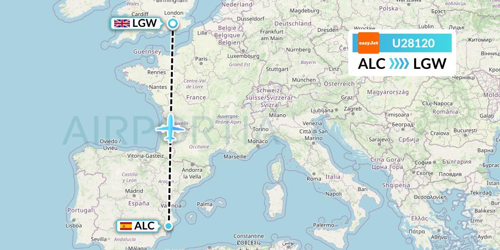 U28120 EasyJet Flight Map: Alicante to London