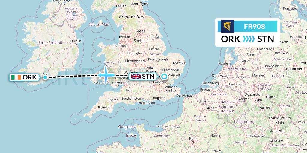 FR908 Ryanair Flight Map: Cork to London