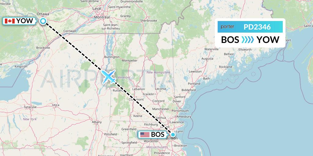 PD2346 Porter Airlines Flight Map: Boston to Ottawa