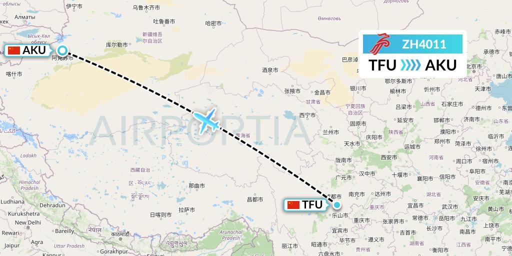 ZH4011 Shenzhen Airlines Flight Map: Chengdu to Aksu