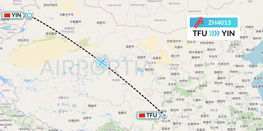 ZH4013 Shenzhen Airlines Flight Map: Chengdu to Yining