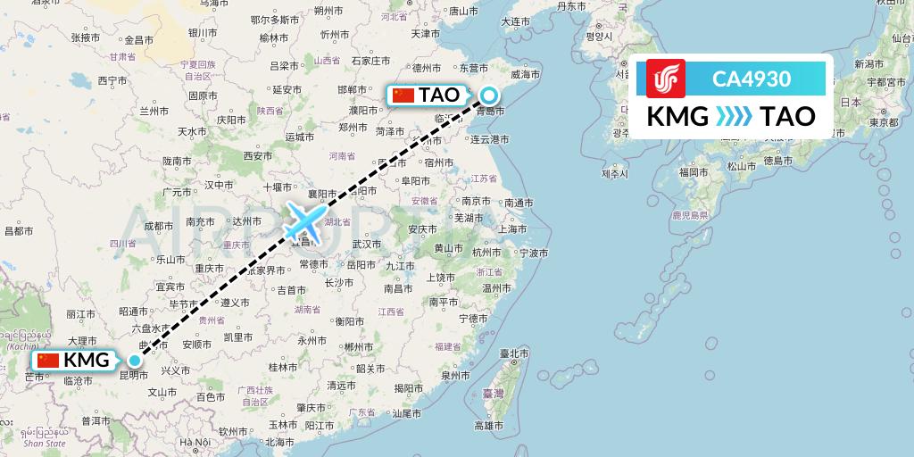 CA4930 Air China Flight Map: Kunming to Qingdao