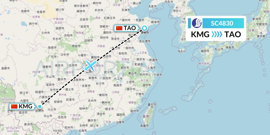 SC4830 Shandong Airlines Flight Map: Kunming to Qingdao