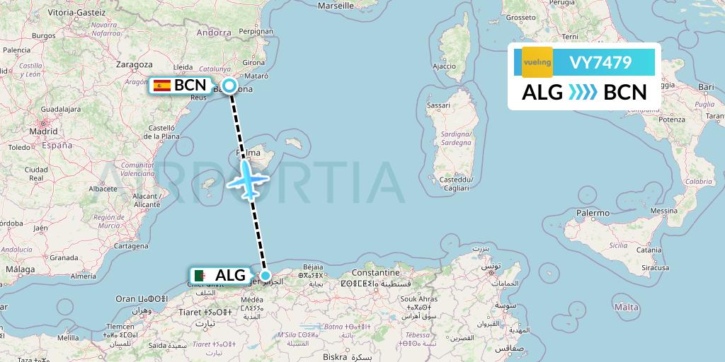 VY7479 Vueling Flight Map: Algiers to Barcelona