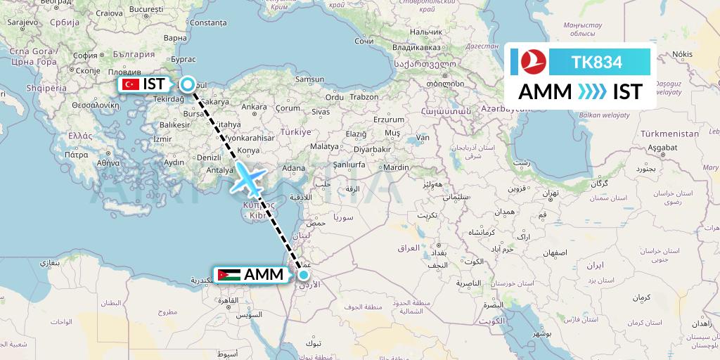 TK834 Turkish Airlines Flight Map: Amman to Istanbul