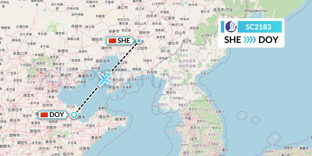 SC2183 Shandong Airlines Flight Map: Shenyang to Dongying