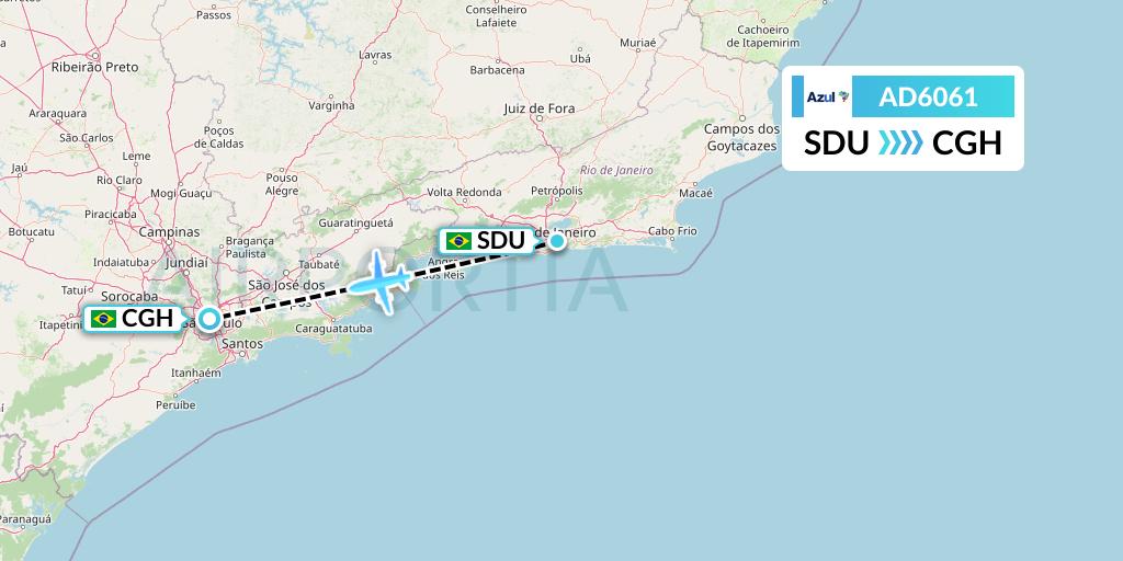 AD6061 Azul Brazilian Airlines Flight Map: Rio de Janeiro to Sao Paulo