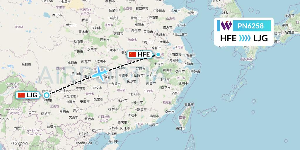PN6258 China West Air Flight Map: Hefei to Lijiang