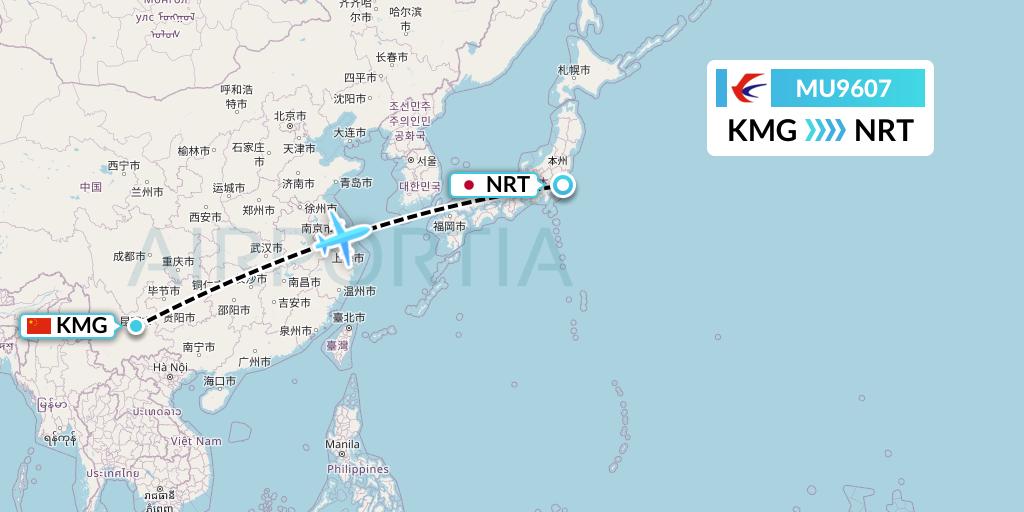 MU9607 China Eastern Airlines Flight Map: Kunming to Tokyo