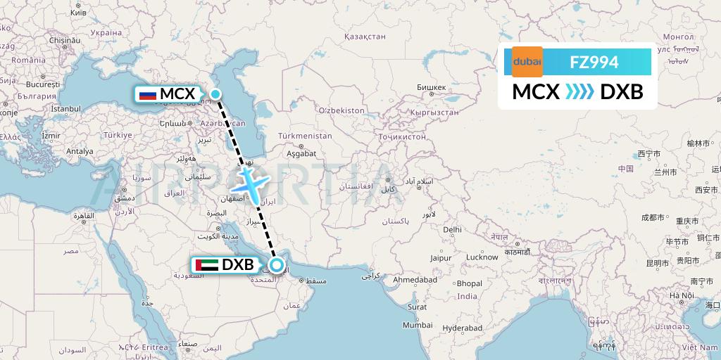 FZ994 FlyDubai Flight Map: Makhachkala to Dubai
