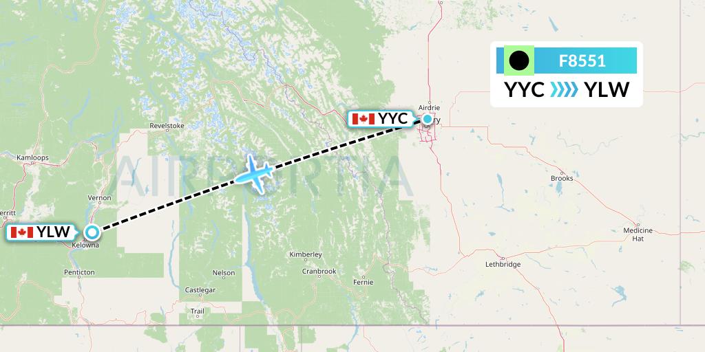 F8551 Flair Airlines Flight Map: Calgary to Kelowna