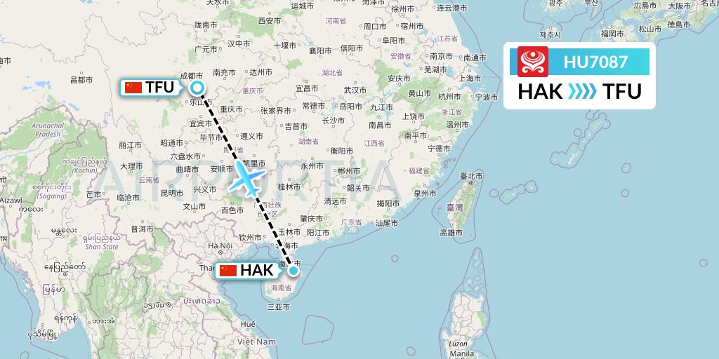 HU7087 Hainan Airlines Flight Map: Haikou to Chengdu