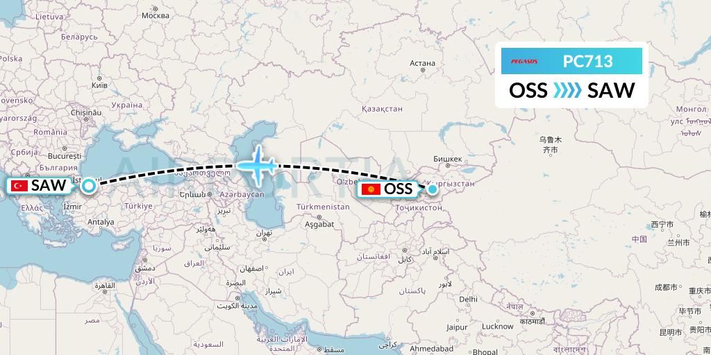 PC713 Pegasus Airlines Flight Map: Osh to Istanbul