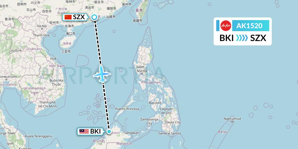 AK1520 AirAsia Flight Map: Kota Kinabalu to Shenzhen