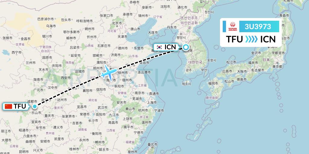 3U3973 Sichuan Airlines Flight Map: Chengdu to Seoul