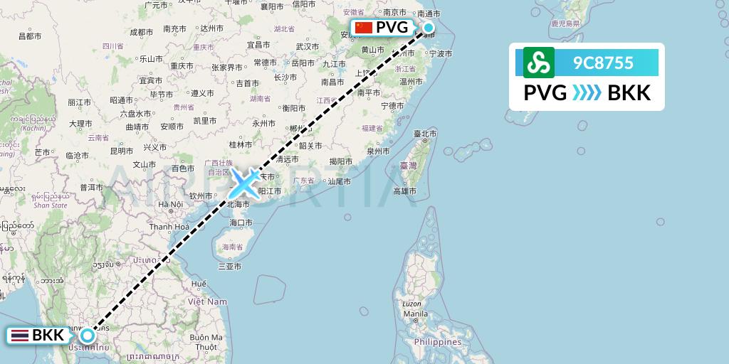 9C8755 Spring Airlines Flight Map: Shanghai to Bangkok