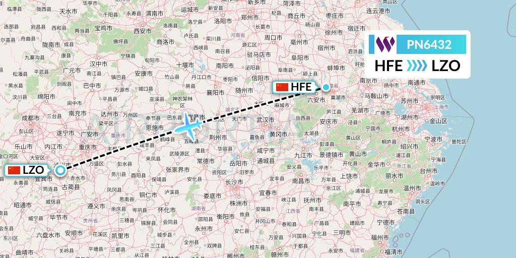 PN6432 China West Air Flight Map: Hefei to Luzhou