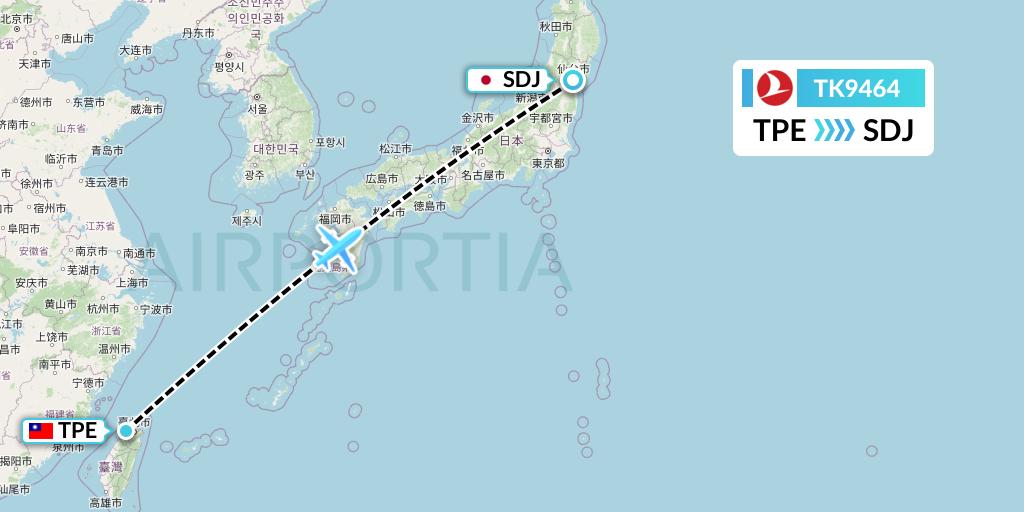 TK9464 Turkish Airlines Flight Map: Taipei to Sendai