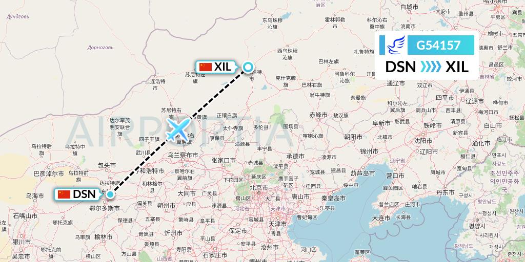 G54157 China Express Airlines Flight Map: Dongsheng to Xilinhot