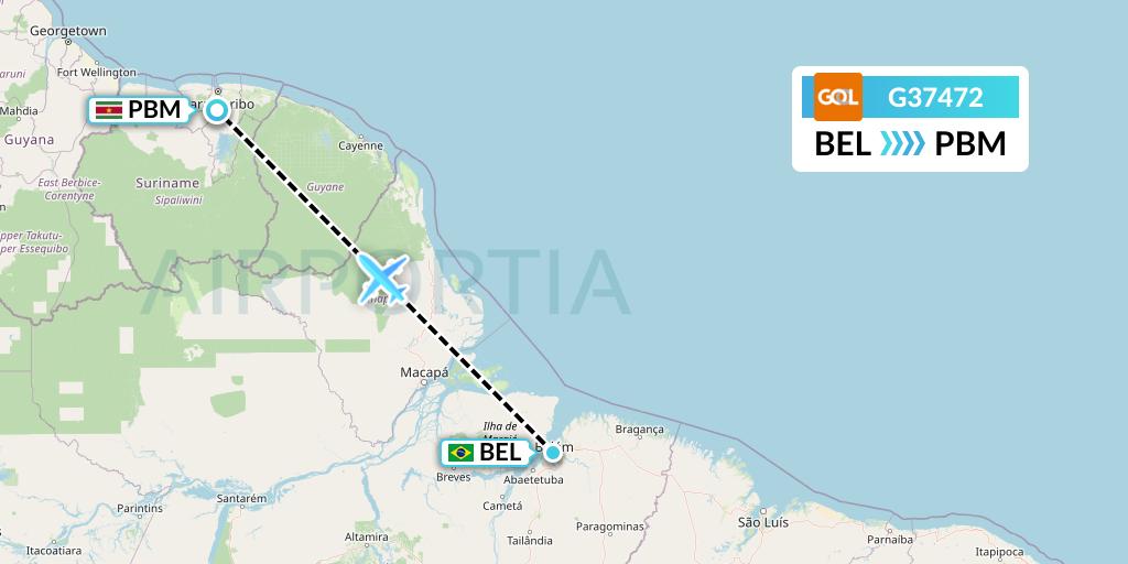 G37472 GOL Transportes Aeros Flight Map: Belem to Paramaribo