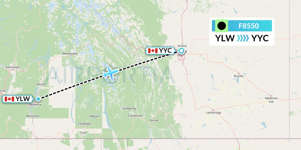 F8550 Flair Airlines Flight Map: Kelowna to Calgary