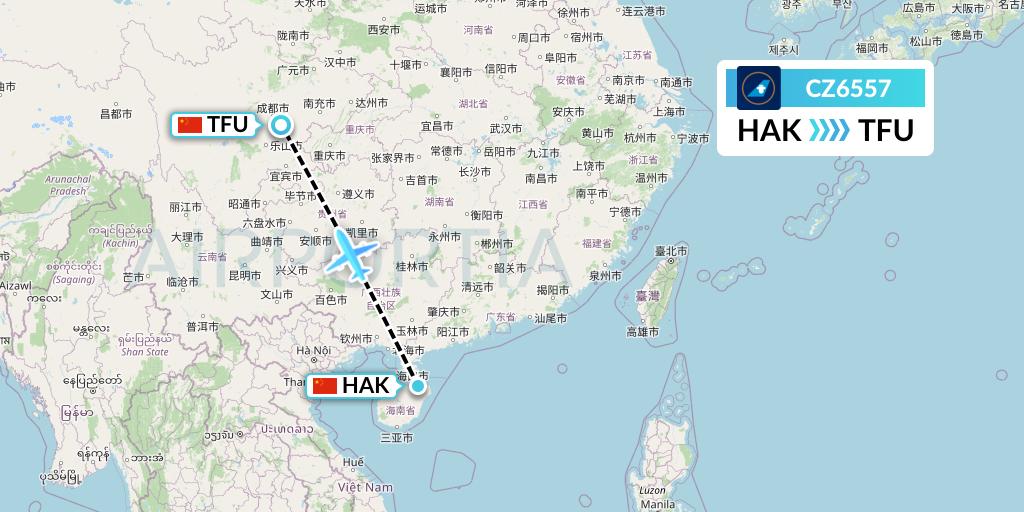 CZ6557 China Southern Airlines Flight Map: Haikou to Chengdu