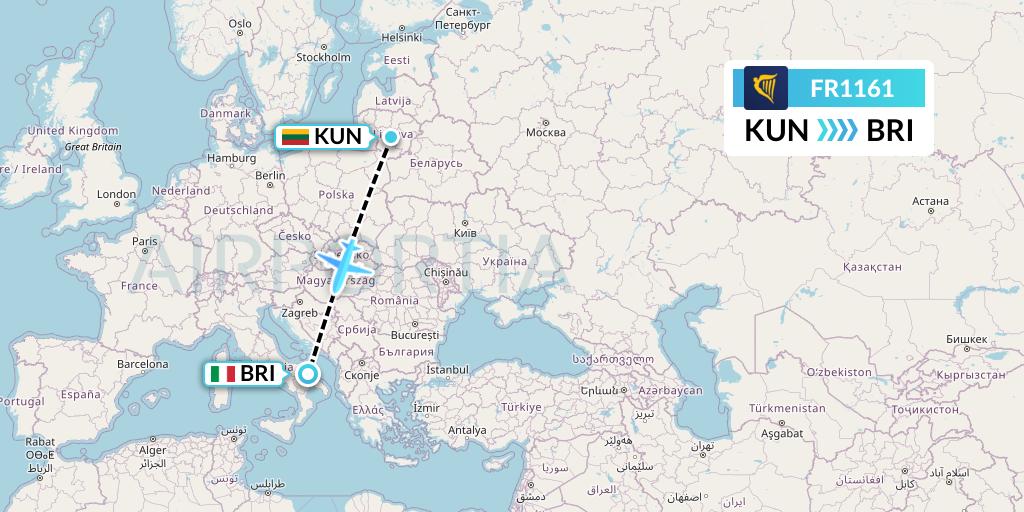 FR1161 Ryanair Flight Map: Kaunas to Bari
