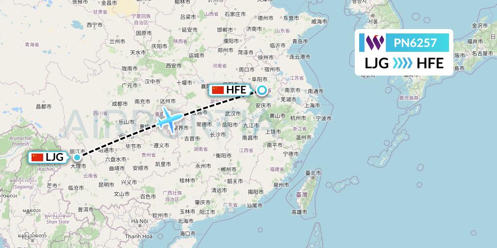 PN6257 China West Air Flight Map: Lijiang to Hefei