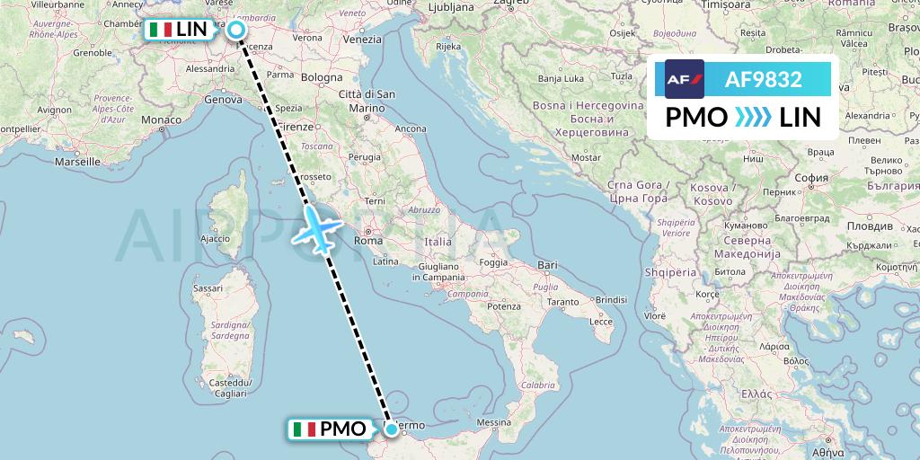 AF9832 Air France Flight Map: Palermo to Milan