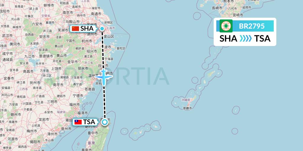 BR2795 EVA Air Flight Map: Shanghai to Taipei