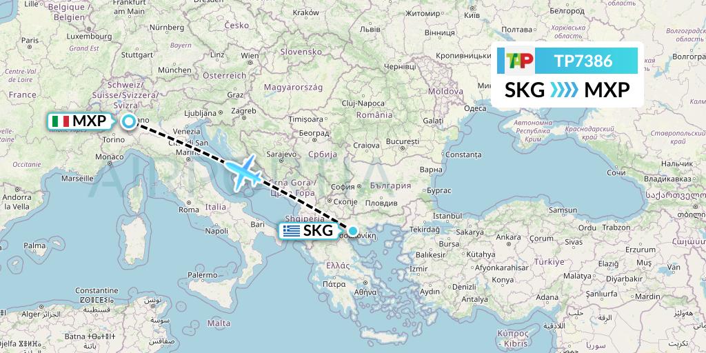 TP7386 TAP Portugal Flight Map: Thessaloniki to Milan
