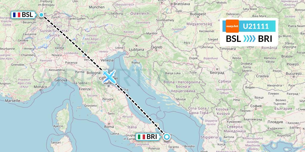 U21111 EasyJet Flight Map: Basel to Bari