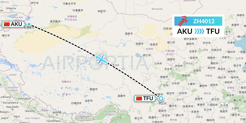 ZH4012 Shenzhen Airlines Flight Map: Aksu to Chengdu