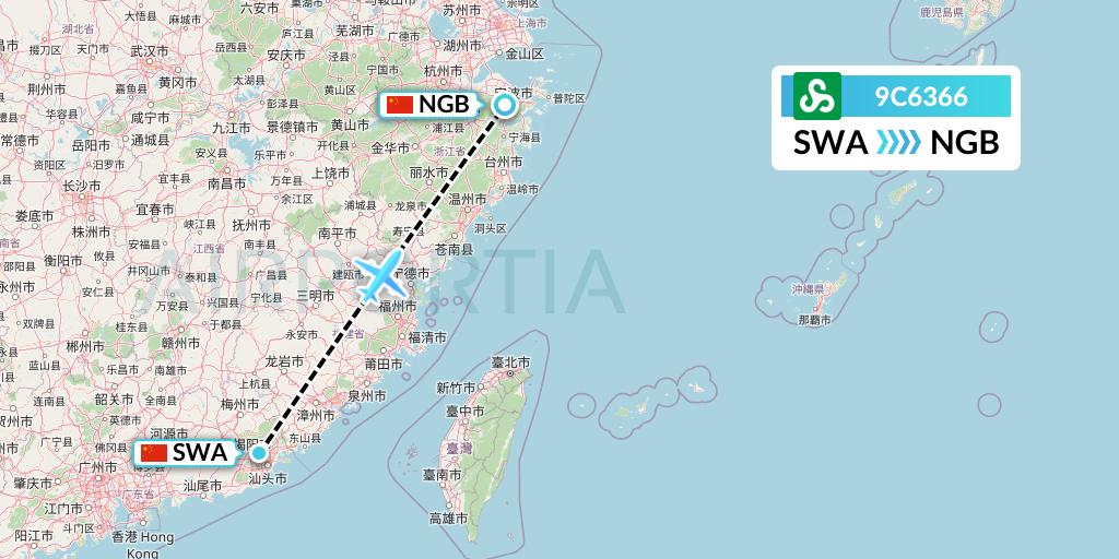 9C6366 Spring Airlines Flight Map: Jieyang to Ningbo