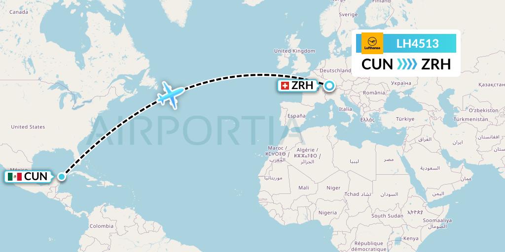 LH4513 Lufthansa Flight Map: Cancun to Zurich
