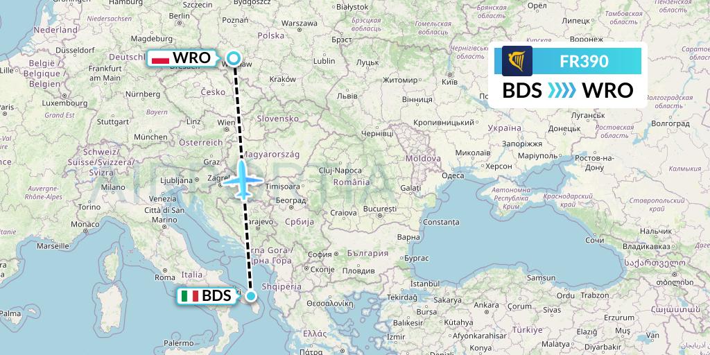 FR390 Ryanair Flight Map: Brindisi to Wroclaw