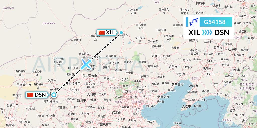 G54158 China Express Airlines Flight Map: Xilinhot to Dongsheng