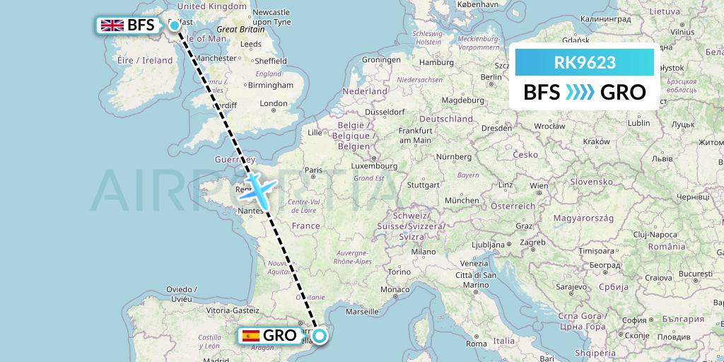 RK9623 Ryanair UK Flight Map: Belfast to Girona