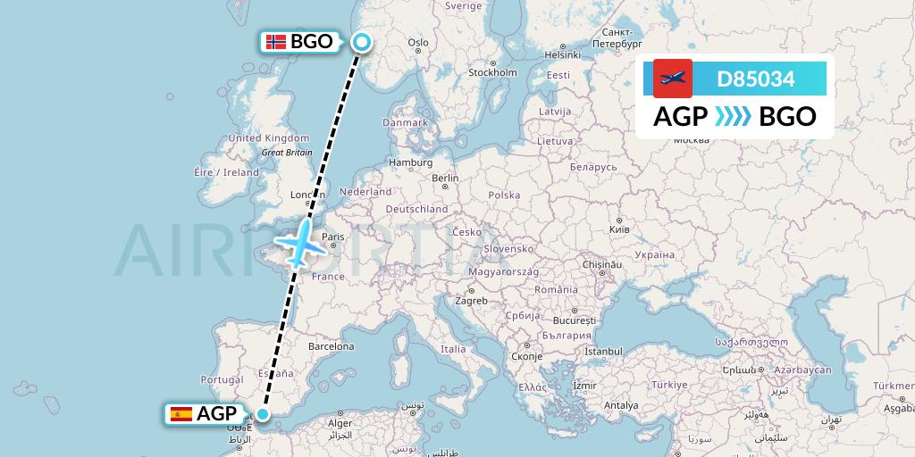 D85034 Norwegian Air International Flight Map: Malaga to Bergen