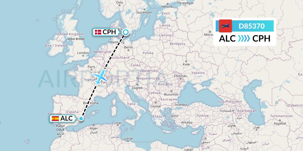D85370 Norwegian Air International Flight Map: Alicante to Copenhagen