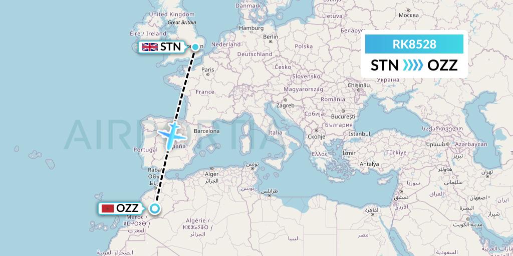 RK8528 Ryanair UK Flight Map: London to Ouarzazate