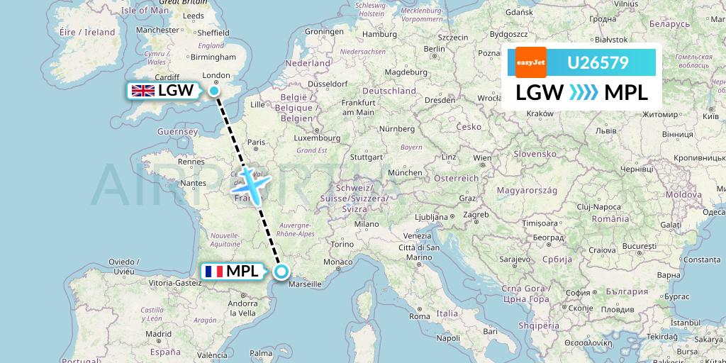 U26579 EasyJet Flight Map: London to Montpellier
